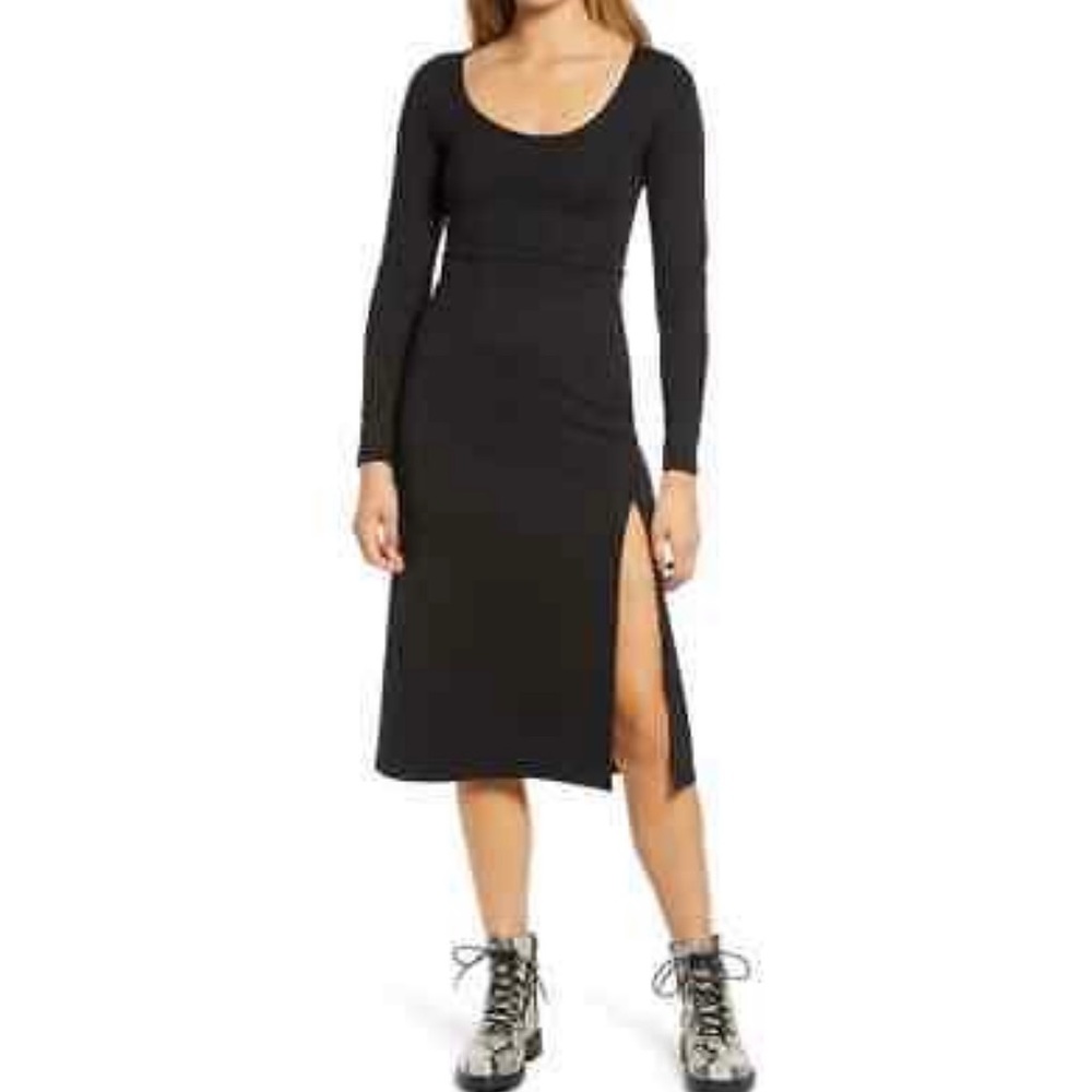 LEITH Long Sleeve Black Slit Midi Dress